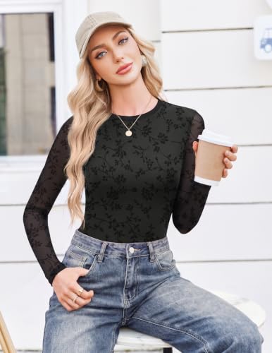 Womens Mesh Long Sleeve Tops - Fall Fashion Crew Neck Shirt - Large Black Floral