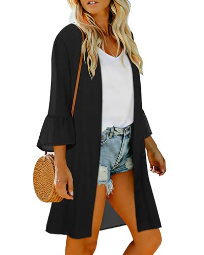 Women’s Summer Puff Sleeve Kimono Cardigan - Solid Black, Medium