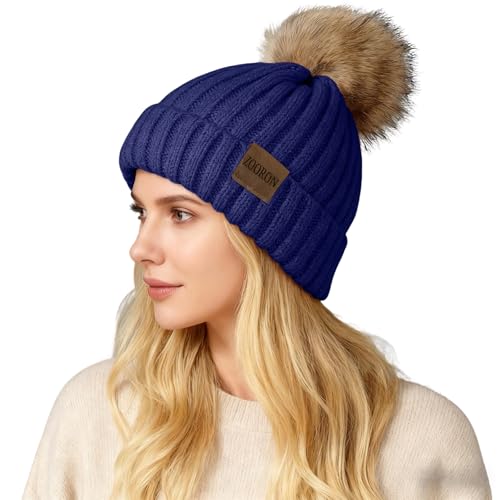 Women's Winter Knitted Beanie Hat with Faux Fur Pom - Navy Blue