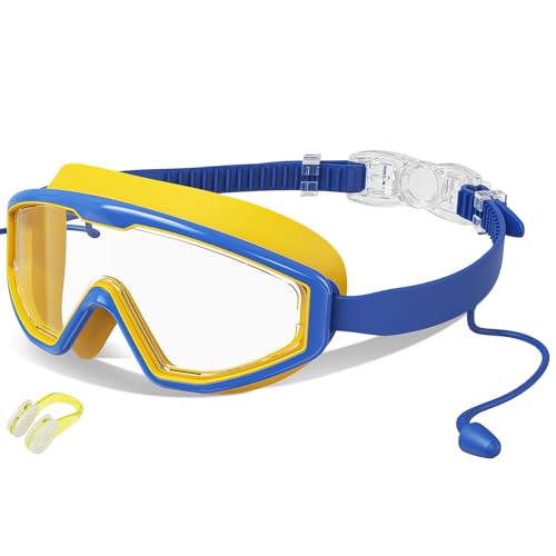 Kids Swim Goggles with Earplugs - Wide View, Anti-Fog, UV Protection - Blue Yellow