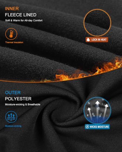 Rolimaka Boys Thermal Underwear Set Large Black Fleece Lined Long Johns - Compression Base Layer for Cold Weather Sports