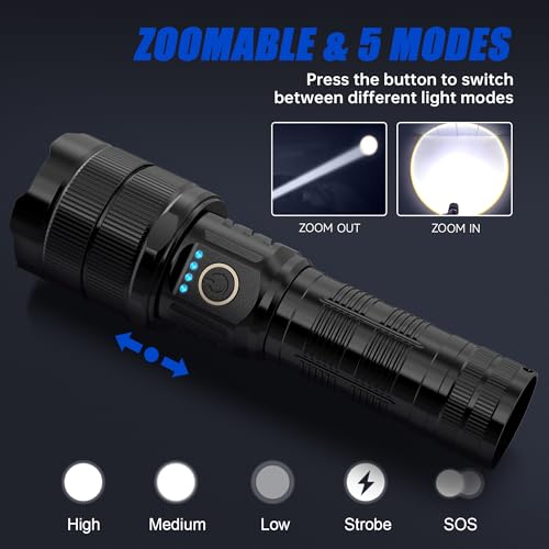 Rechargeable Flashlights 900000 High Lumens Super Bright LED Flashlight High Powered Tactical Flashlights Zoomable 3 Modes IPX6 Waterproof Handheld Flash Light for Camping Outdoor Emergencies