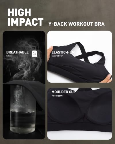 RUNNING GIRL Medium Black High Support Sports Bra with Adjustable Straps, Sewn-in Pads