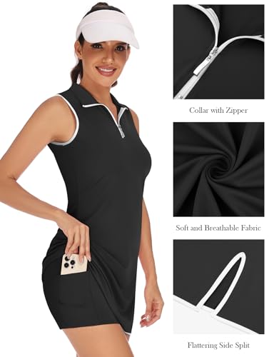 Koscacy Women's Sleeveless Tennis Dress with Shorts - Black, Large | Athletic Golf Outfit