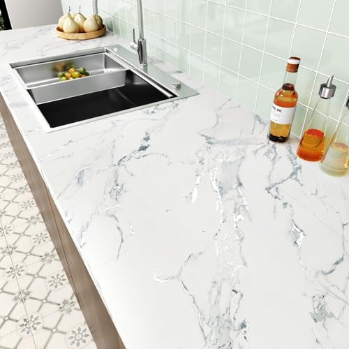 WESTICK White/Silver Marble Contact Paper Peel and Stick Countertops Waterproof Marble Wallpaper Peel and Stick Faux Counter Vinyl Wrap Self Adhesive Contact Paper for Cabinets Table Desk 15.8¡± X 80¡±