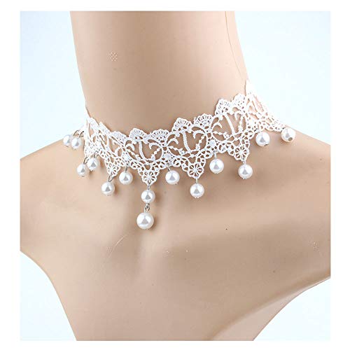 White Lace Pearl Choker Necklace - Gothic Bridal Wedding Jewelry