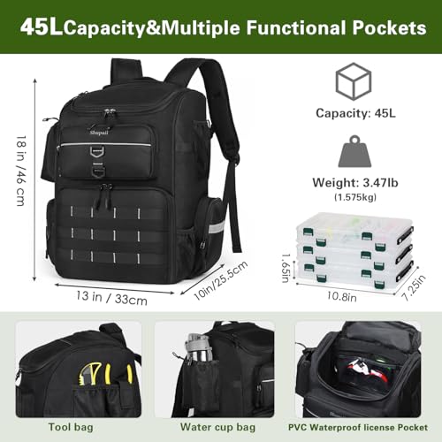 Shupaii Fishing Backpack with Rod Holders 45L Tackle Storage Bag - Black