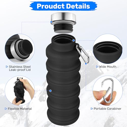 16oz Collapsible Silicone Water Bottle - Black, Leak-Proof