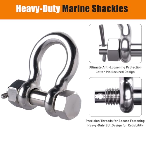 316 Stainless Steel Bow Shackle - Heavy Duty 3/8 Inch with Cotter Pin