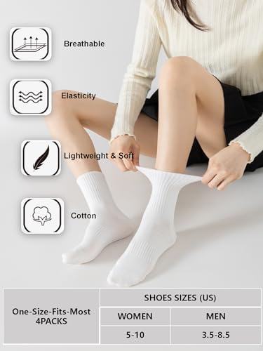 YUWELL Women's Cotton Crew Socks 4 Pairs Size 5-10 White Striped, One Size