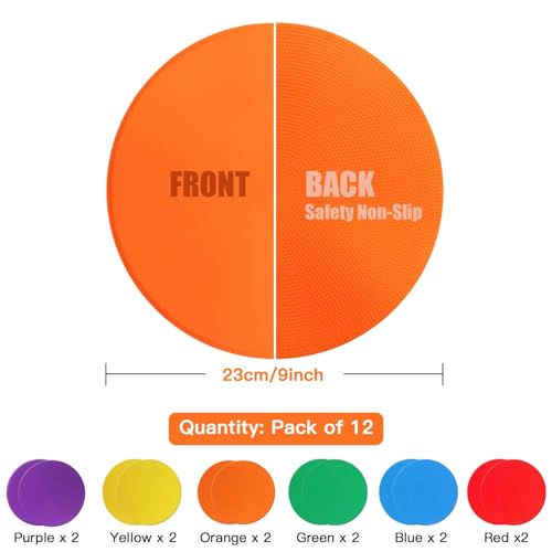 9-Inch Poly Spot Markers - 12 Pcs Non-Slip Training Dots with Bag