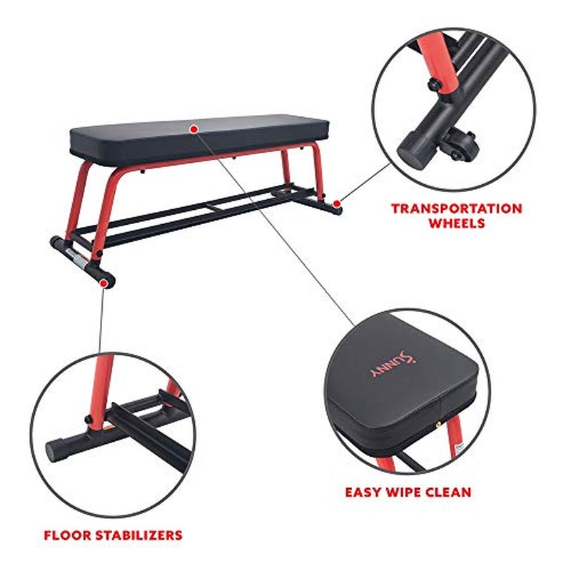 Sunny Health & Fitness Power Zone Strength Flat Bench with Dumbbell Rack and Transport Wheels - SF-BH6996, Black