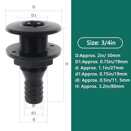 Thru Hull Fitting - 3/4" ABS Plastic Connector for Boats - Black