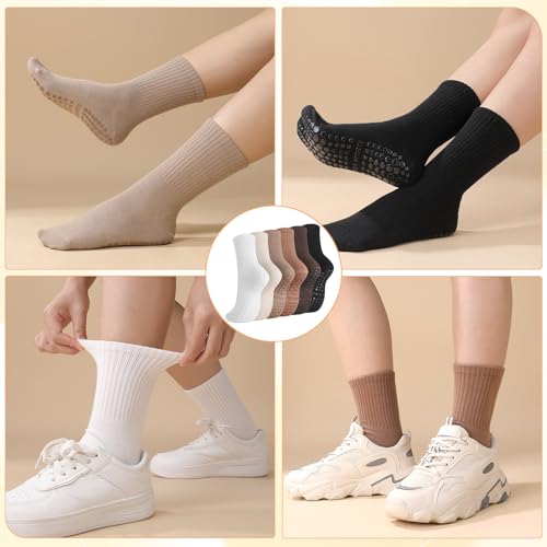 Non-Slip Pilates Grip Socks for Women - 6 Pair Crew Sock Set
