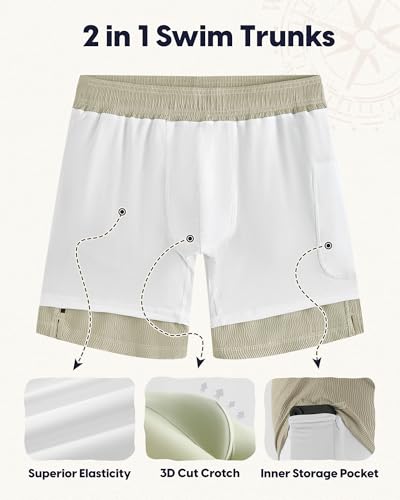 Maamgic Wavy Texture Men's Swim Trunks 7" Quick Dry Compression Liner Large-Light Khaki-White