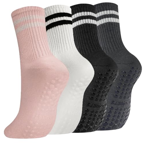 Non-Slip Yoga Socks - 4 Pairs Grippy Pilates Crew Socks