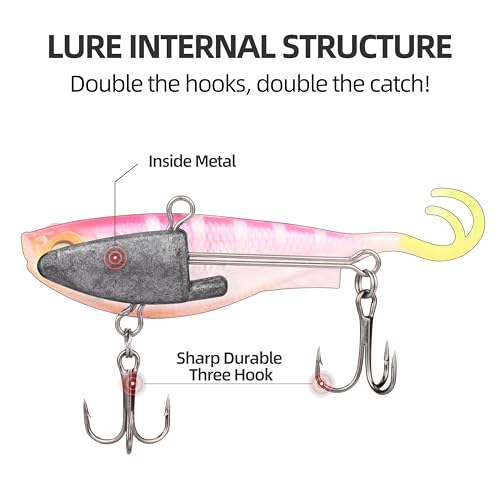 Pre-Rigged Soft Fishing Lures, Jig Head Paddle Tail Swimbaits - 5 Pack, 3/8oz
