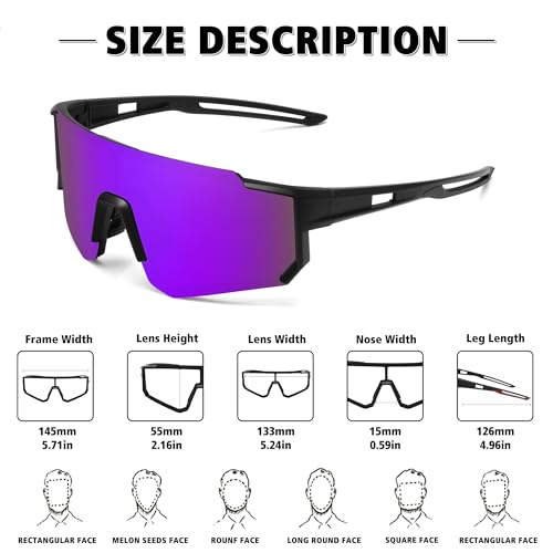 Polarized Sports Sunglasses - UV400 Protection, 3 Pack Matte Black/Gray, Ice Blue & Purple
