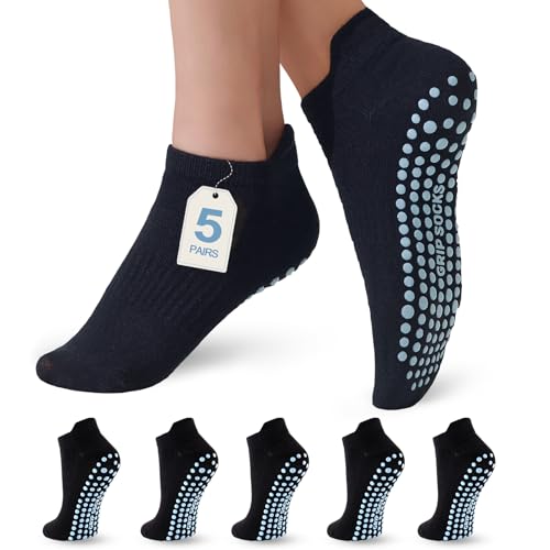 Pilates Socks with Grips - 5 Pairs Non-Slip Yoga Crew Socks - Black