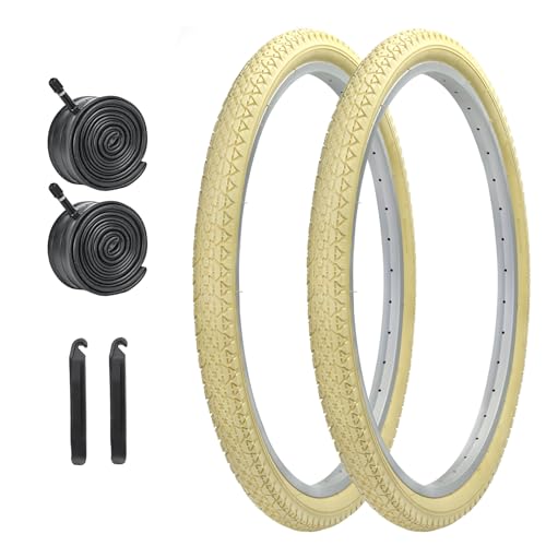 HUIOK 26x2.125 Bike Tires - Folding Beach Cruiser Replacement with Tubes & Levers, Cream