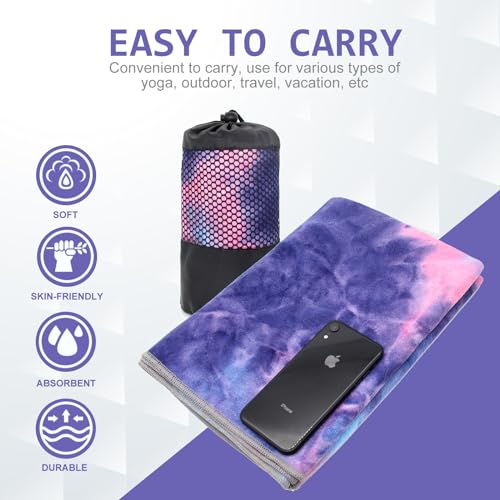 Yoga Towel with Grip Dots - Non-Slip, Microfiber, 24" x 72" - Purple & Blue
