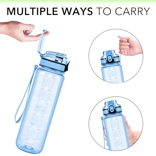 Alwager 32oz Water Bottle with Time Marker, Clear with Strap – BPA-Free Leak-Proof