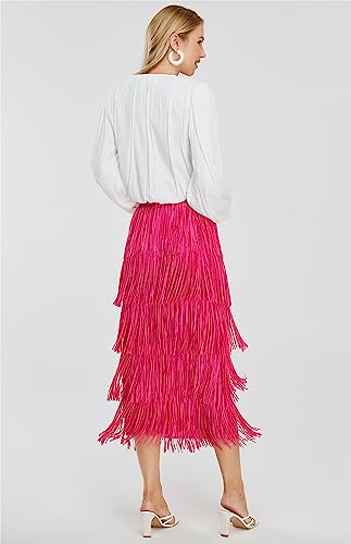 Women's High Waist Fringe Trim Short Skirt XX-Large Rose Red for Summer Party & Work
