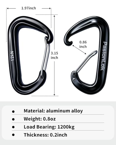 Heavy Duty Aluminum Carabiner Clips Set - 12KN Strength, Black - 2pc