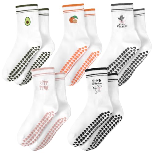 Pilates Socks with Grips for Women - 5 Pcs Ruffled Set - Pink, Purple, Orange, Green, Black