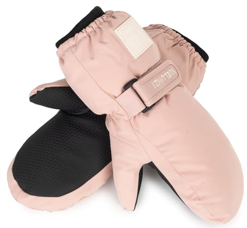 Kids Waterproof Snow Mittens - Warm Ski Gloves for 6-12 Years - Pink