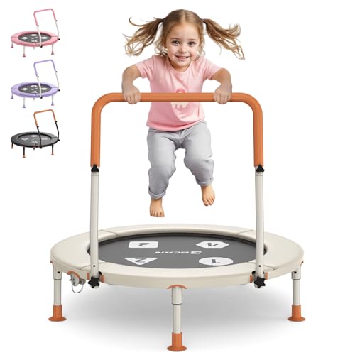Toddler Trampoline 36" - Foldable Indoor Mini with Adjustable Handle - Beige