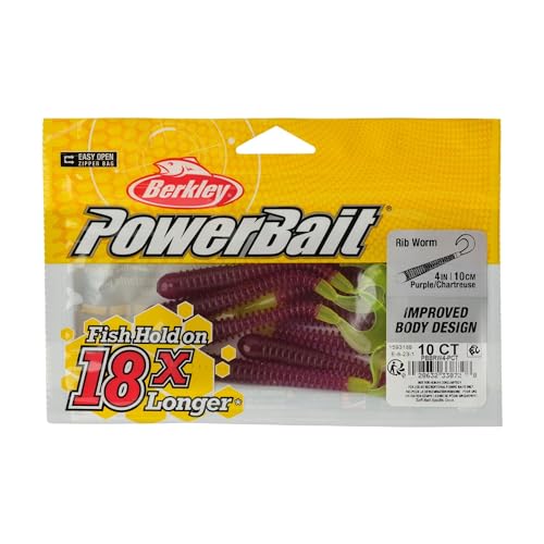 PowerBait Rib Worm Soft Plastic Bait - Purple/Chartreuse, 4"