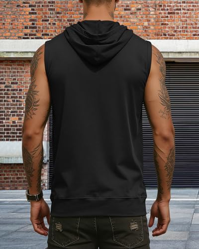 Lexiart Men's Workout Hooded Tank Top Zip Up Slim Sleeveless Hoodie Large Black