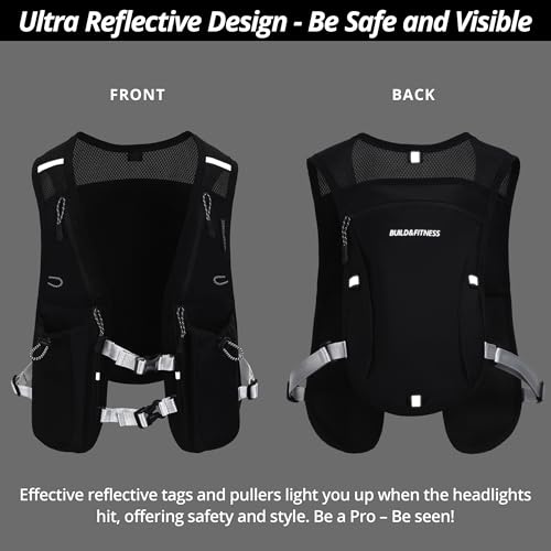Build & Fitness Black Hydration Vest with 1.5L Bladder & 2 Soft Flasks for Running & Hiking