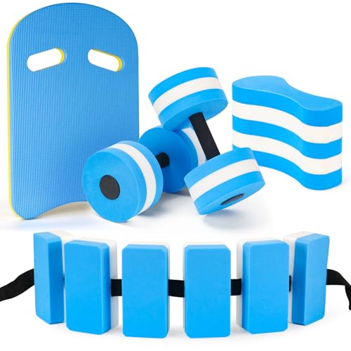 Water Aerobics Set - 5 Pieces Aquatic Exercise Equipment with Foam Dumbbell, Swim Kickboard, Pull Buoy & Swim Belt - Blue