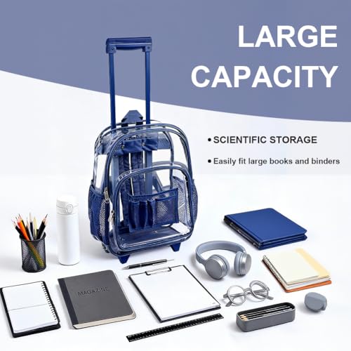 Clearworld Blue Heavy Duty Transparent Rolling Backpack with Wheels for Security & Travel