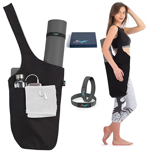 Yoga Mat Bag with Pockets for Women - Black, Fits 72" Mats
