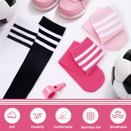 Kids Soccer Socks - 4 Pairs Knee High Athletic Socks - Black/Pink/White/Rose