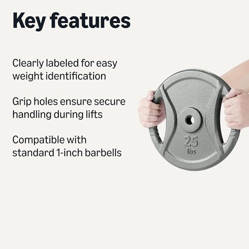 Amazon Basics 25 lb Grip Weight Plate, 1-Inch Center Hole – Cast Iron, Standard Barbell