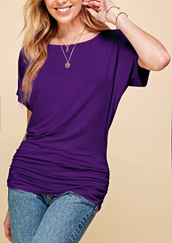 Women's Purple Dolman Sleeve Boat Neck Top with Side Shirring - Large