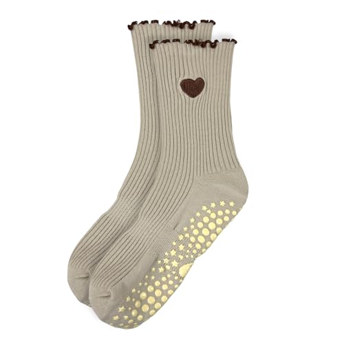Cute Pilates Grip Socks for Women - Ruffle Non-Slip Barre Socks - Milk Tea Heart