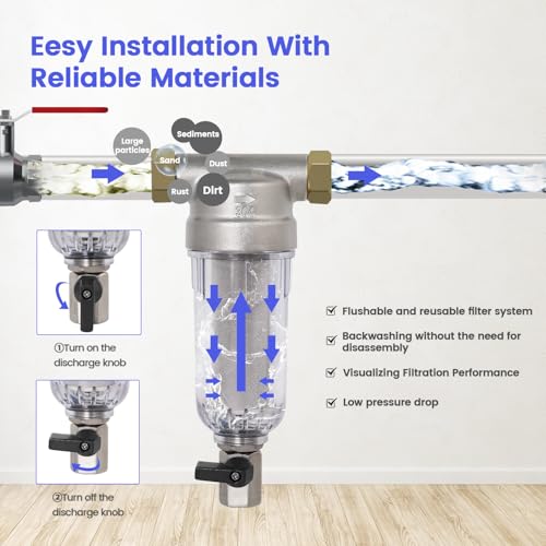 Amwater 304 Stainless Steel 40 Micron Spin Down Water Filter, Whole House Spin Down Sediment Water Filter, Reusable Flushable Pre-Filtration System, 3/4" MNPT + 1/2" FNPT