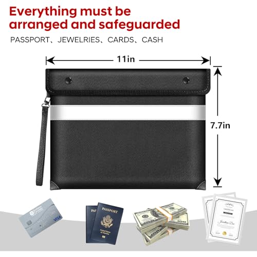 Fire Proof Money Bag for Cash 5200¢µ Heat Insulated,Fireproof Waterproof Document Pouches with Double-Sided Reflective Strip,Money Envelopes for Cash,Valuables,Jewelry(11"x7.7",Black)