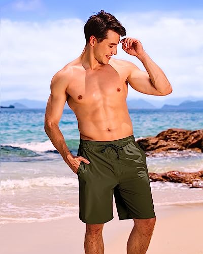Difficort Men's 9" Army Green Swim Trunks - Large Waterproof Bathing Shorts