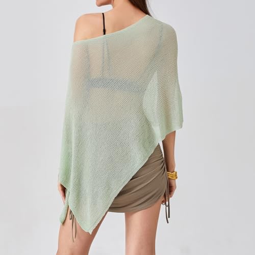 Women Green Sheer Crochet Beach Cover Up Poncho - One Size