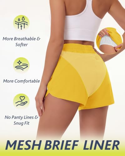 Women's Yellow Medium CAMPSNAIL Running Shorts - 3" High Waist Quick Dry Workout