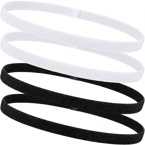 Elastic Sports Headbands - 4 Pack with Non-Slip Silicone Grip - Black & White
