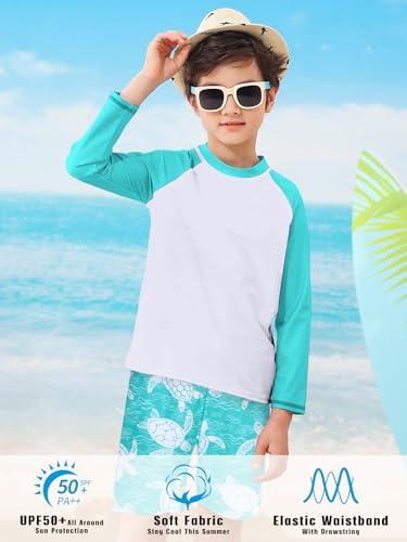 SunFocus Boys Long Sleeve Rash Guard Swimsuit Set 7-8 Years Green Turtle