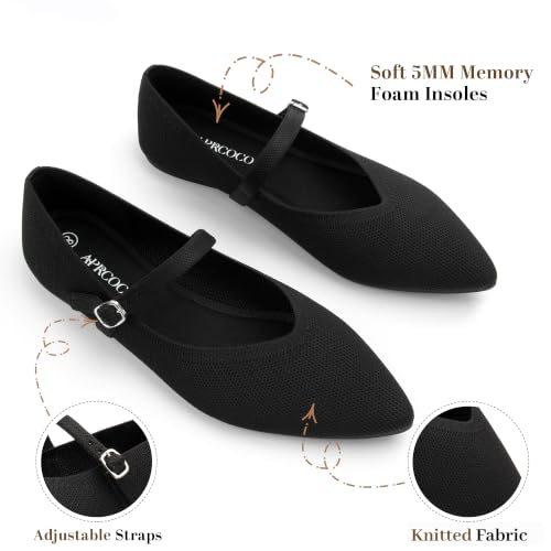 AprCoco Black Knit Pointed Toe Ballet Flats for Women with Ankle Strap - Casual & Comfortable