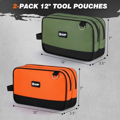 12 Inch Small Tool Bag 2 Pack, Zipper Tool Pouch Two Compartments, Utility ToolBag with Carrying Handle, Heavy Duty Tools Storage Organizer for Electrician Mechanic, Gift for Men Dad, Orange/Green